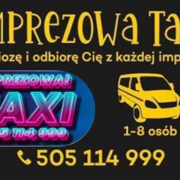 Grafika reklamowa taks&oacute;wki imprezowej z ż&oacute;łtym busem, neonowym napisem 'TAXI' i numerem telefonu na czarnym tle z niebiesko-czerwonymi obramowaniami w szachownicę.