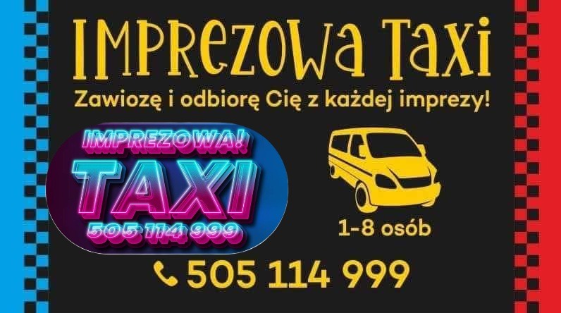 Grafika reklamowa taksówki imprezowej z żółtym busem, neonowym napisem 'TAXI' i numerem telefonu na czarnym tle z niebiesko-czerwonymi obramowaniami w szachownicę.