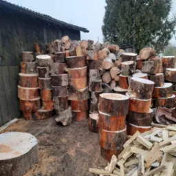 Stosy pociętych klocków drewna ułożone przed szopą w zimowy dzień, widoczne drobne opady śniegu.