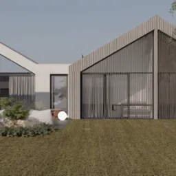 Wizualizacja nowoczesnego domu z elewacją z pionowych paneli, dużymi przeszkleniami z żaluzjami, minimalistycznym ogrodem z kulistą lampą i roślinami.