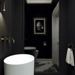 Elegancka, czarno-biała łazienka w Działoszynie z umywalką wolnostojącą o cylindrycznym kształcie, złotą armaturą i lustrem odbijającym dalszą część pomieszczenia z toaletą i obrazem.