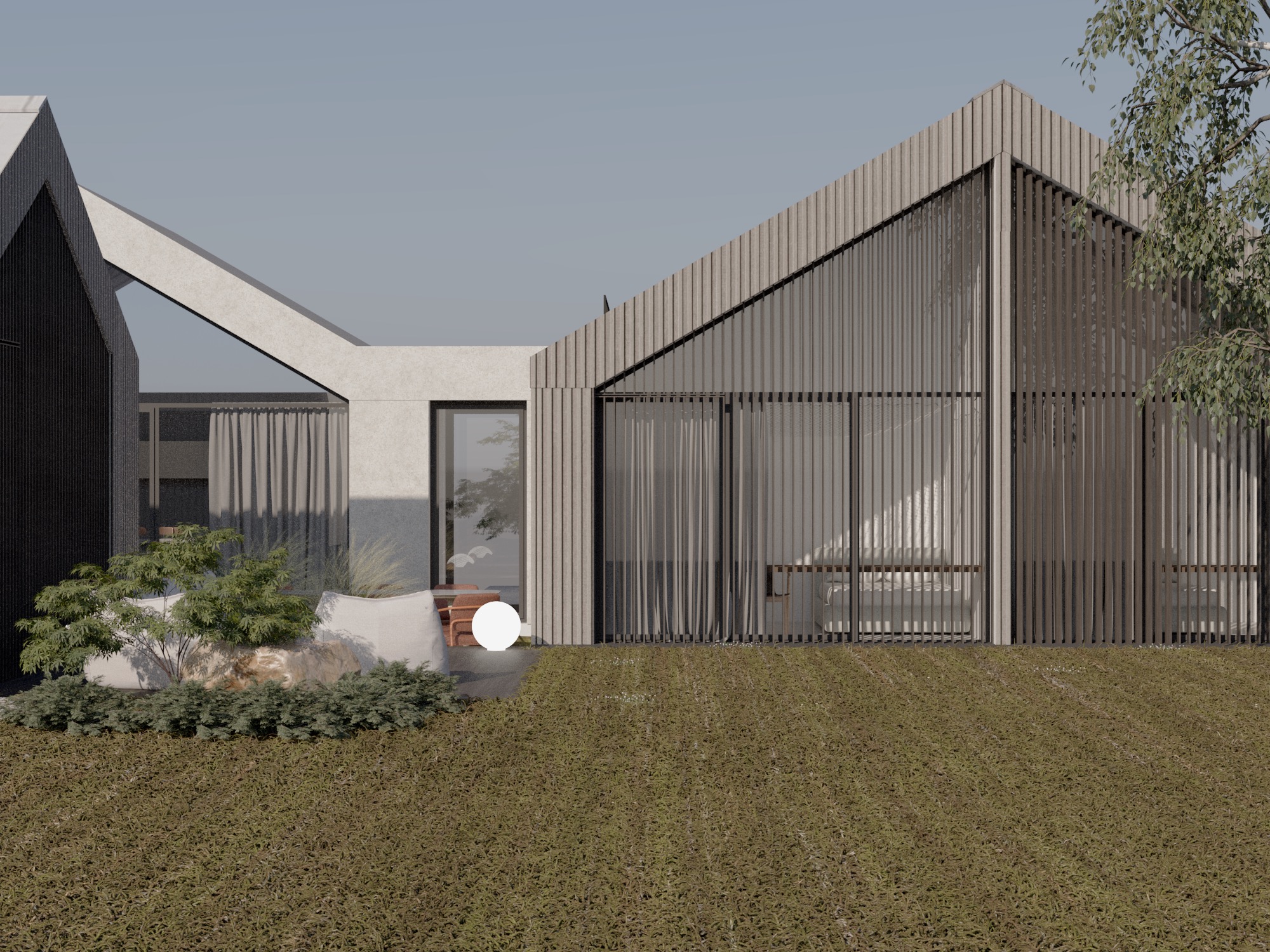 Wizualizacja nowoczesnego domu z elewacją z pionowych paneli, dużymi przeszkleniami z żaluzjami, minimalistycznym ogrodem z kulistą lampą i roślinami.