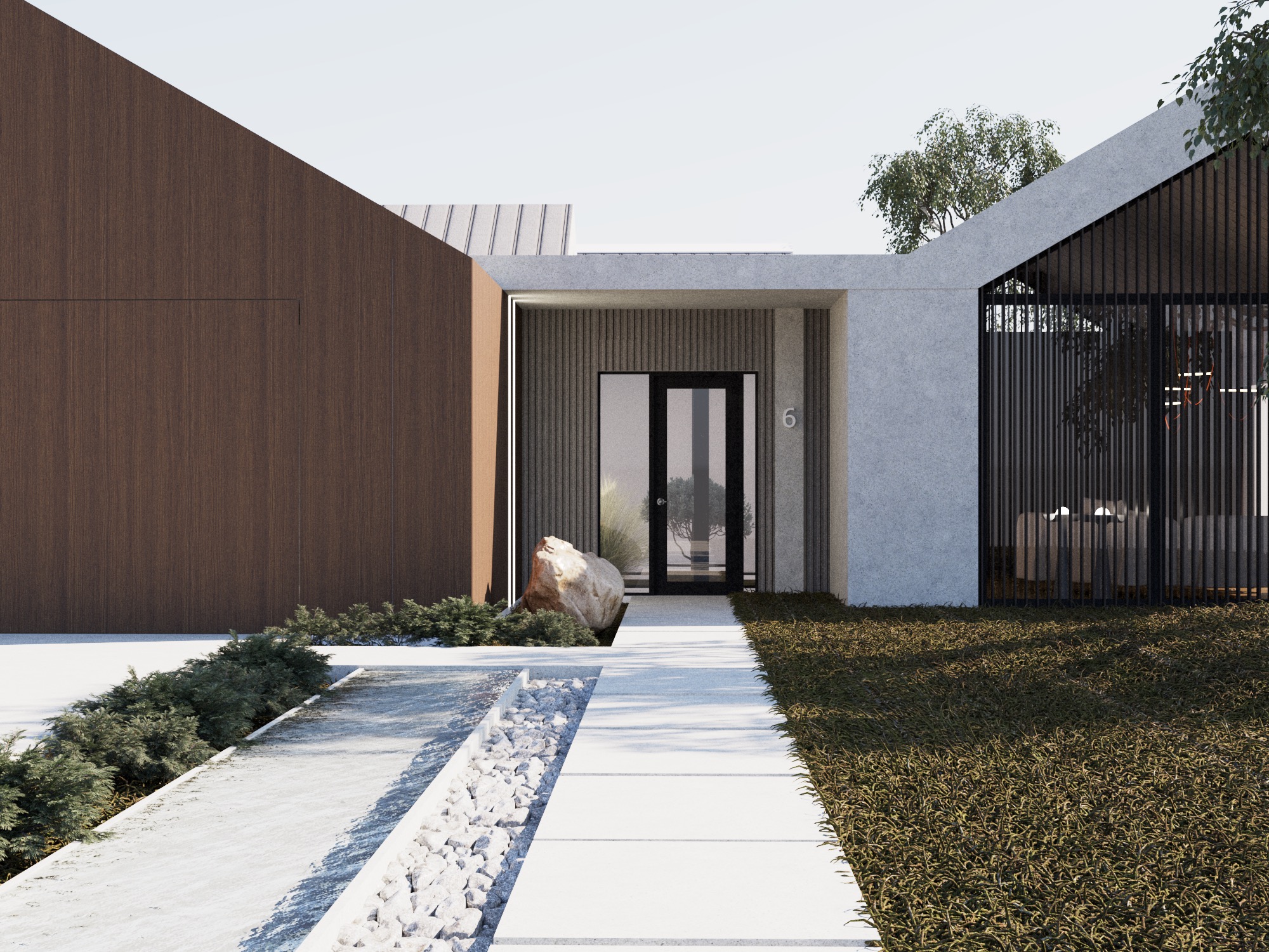 Nowoczesny dom z elementami drewna i betonu, minimalistyczny ogród z kamieniami i niską roślinnością, numer domu '6' nad wejściem.