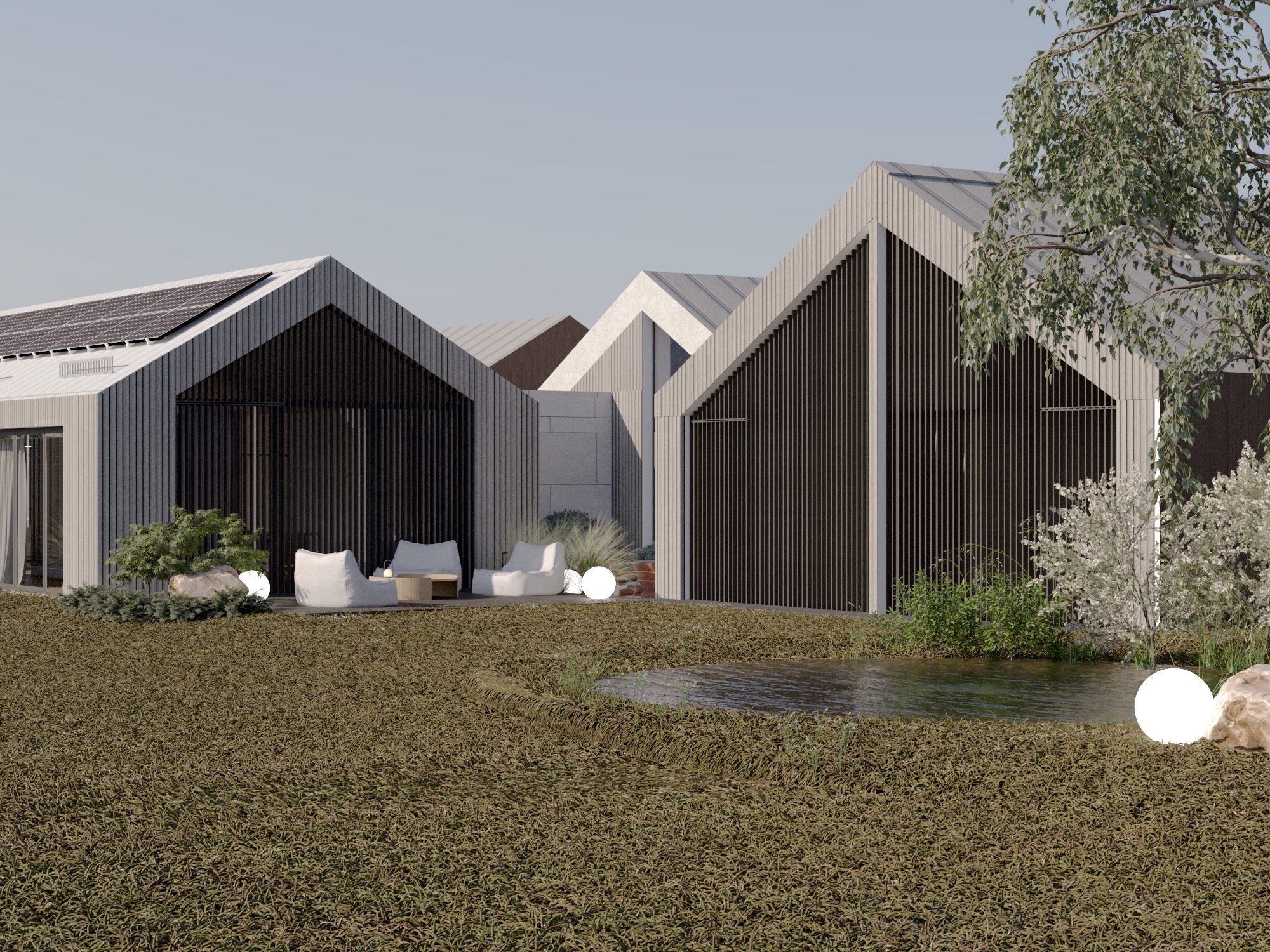 Wizualizacja nowoczesnego domu z elewacją z pionowych paneli, panele solarne na dachu, ogród z małym stawem i kulistymi lampami, białe fotele na tarasie.