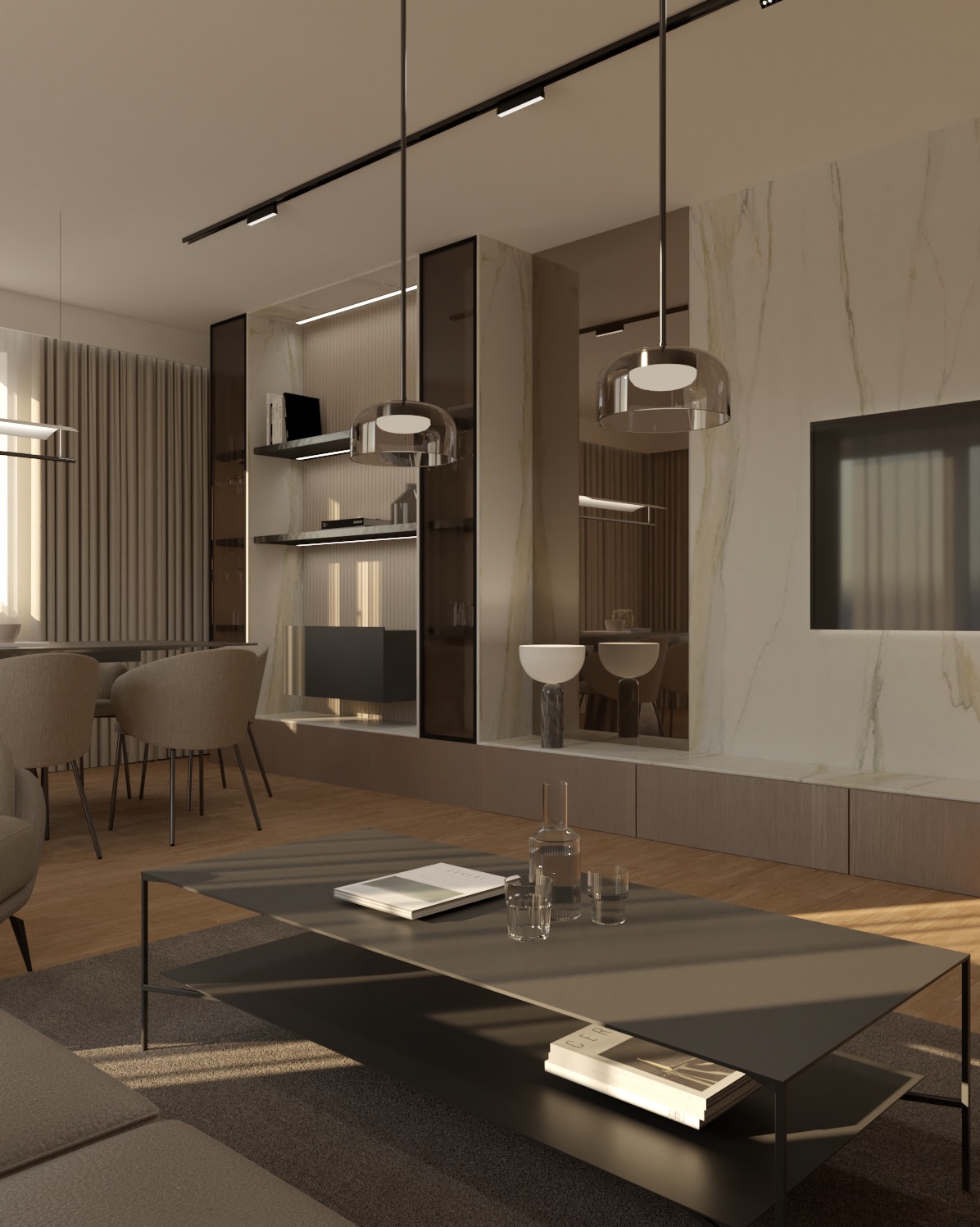 Wizualizacja salonu z jadalnią: minimalistyczny stolik kawowy, szklane wazony, marmurowa ściana, wiszące lampy z kloszami i regał z podświetleniem LED.