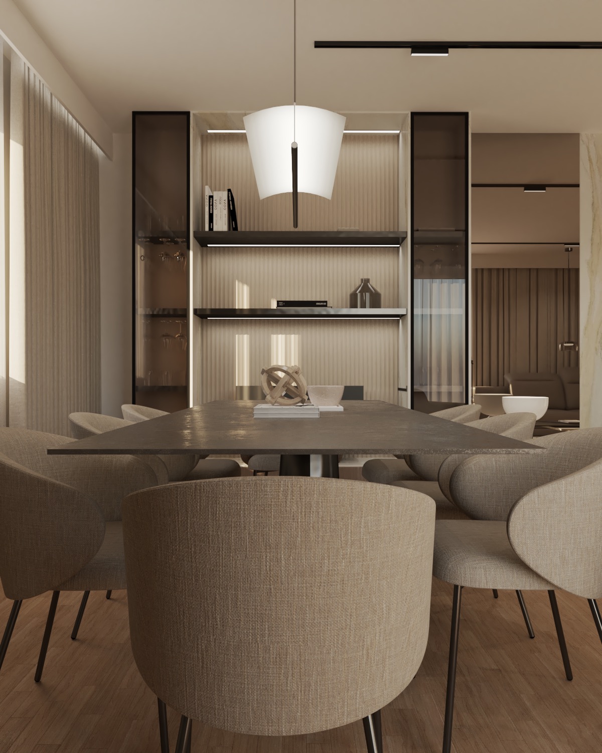 Nowoczesna jadalnia z dużym stołem, krzesłami tapicerowanymi w odcieniach beżu, oświetleniem podszafkowym na półkach oraz dekoracyjną lampą wiszącą.