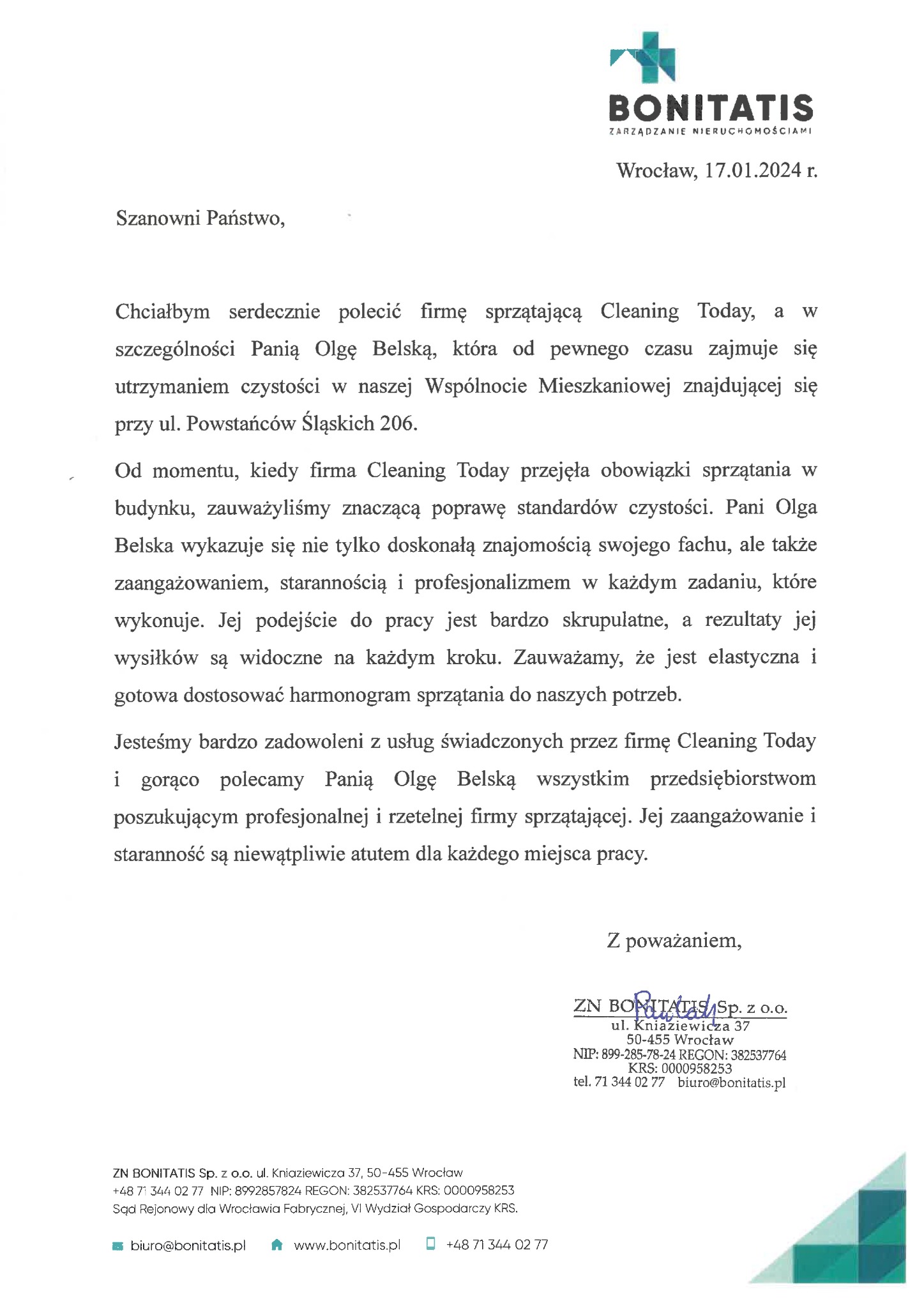 Skan listu referencyjnego dla firmy sprzątającej Cleaning Today od ZN Bonitatis, datowany na 17.01.2024, z Wrocławia, potwierdzający wysoką jakość usług sprzątania Wspólnoty Mieszkaniowej.