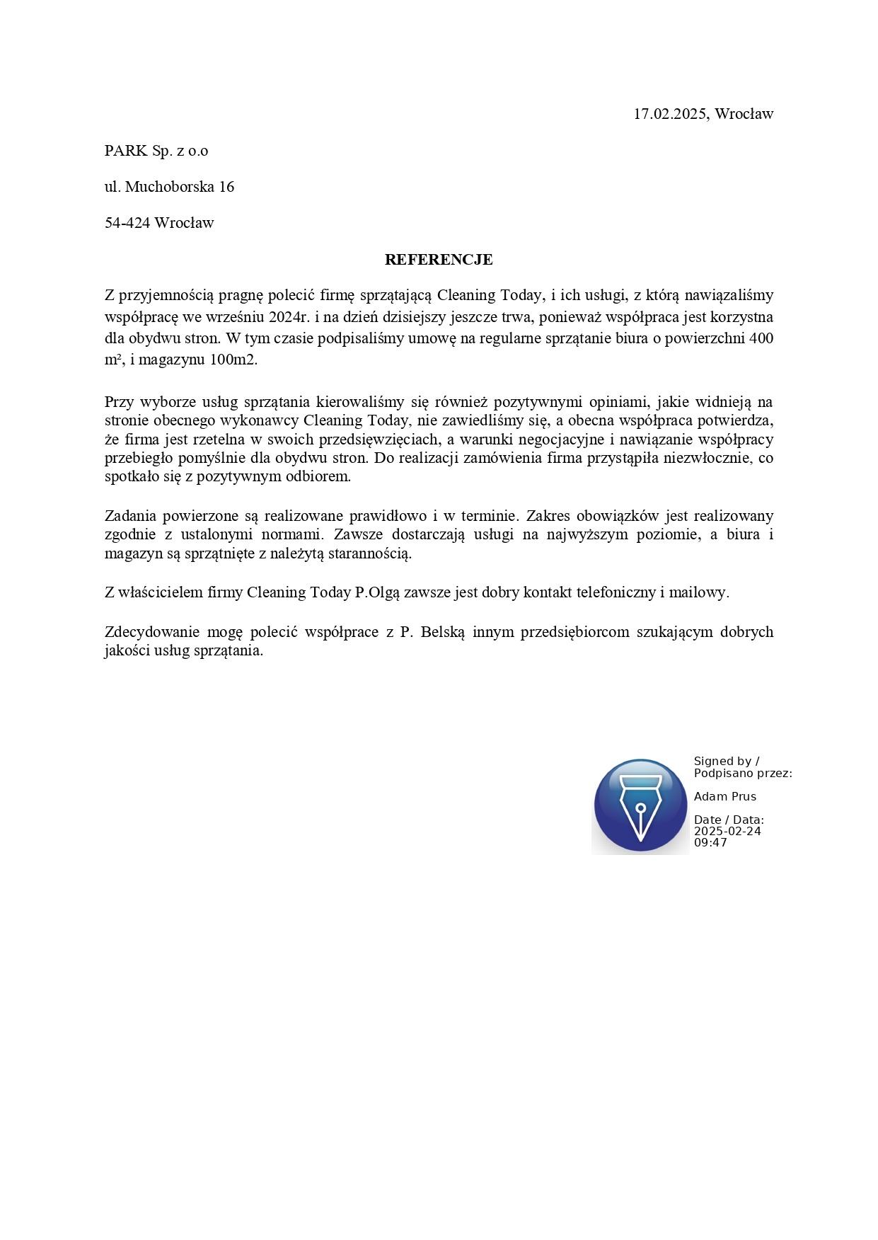 Referencje Park Sp. z o.o