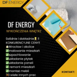 Grafika reklamowa firmy DF Energy Wykończenia Wnętrz z elementami wizualnymi: szpachlowanie ściany, malowanie wałkiem, układanie paneli podłogowych. Zawiera logo firmy, hasła reklamowe, dane...