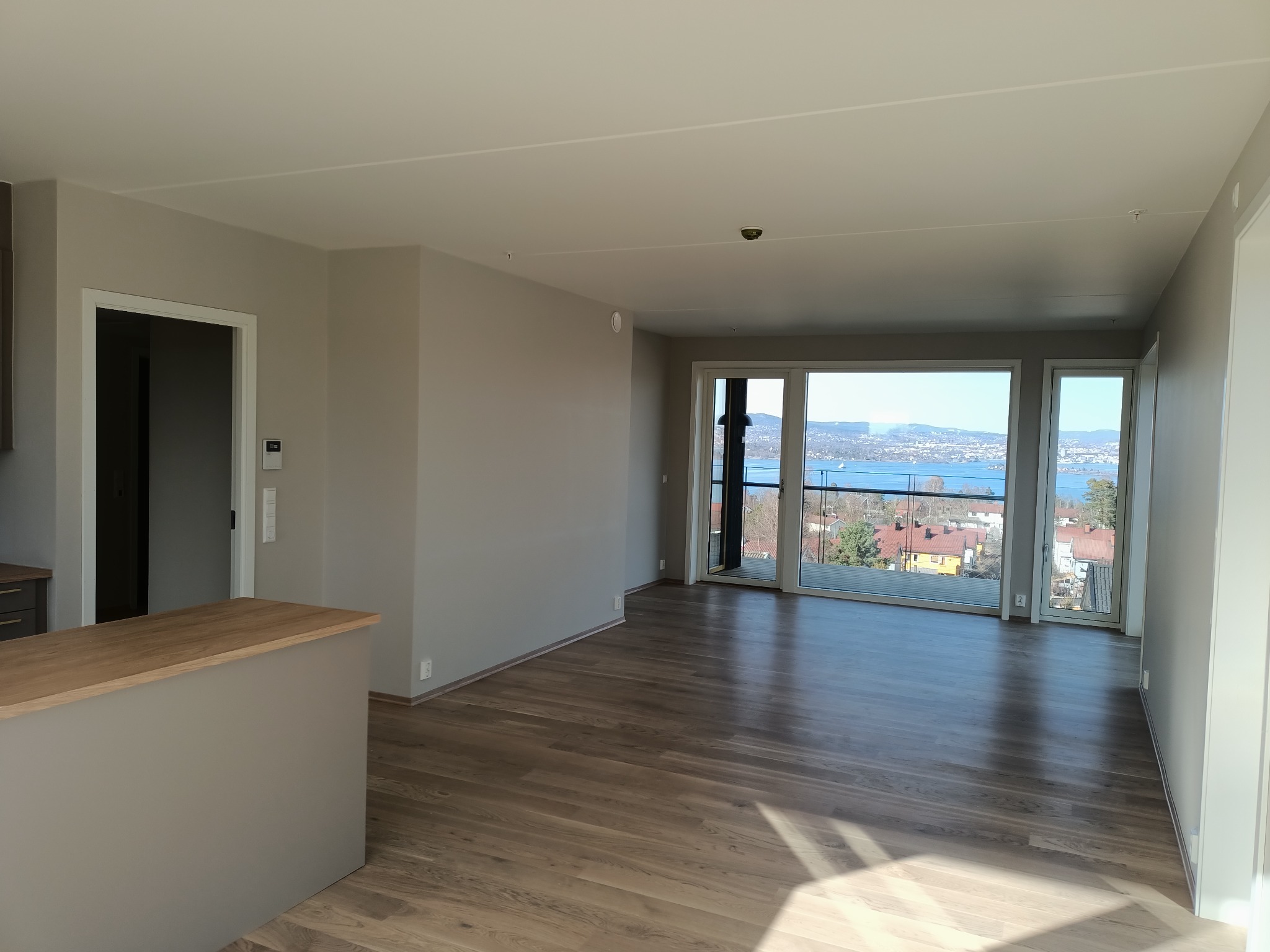 Jasne, przestronne wnętrze z drewnianą podłogą, świeżo pomalowanymi ścianami w odcieniach szarości i dużym oknem balkonowym z widokiem na miasto i jezioro.