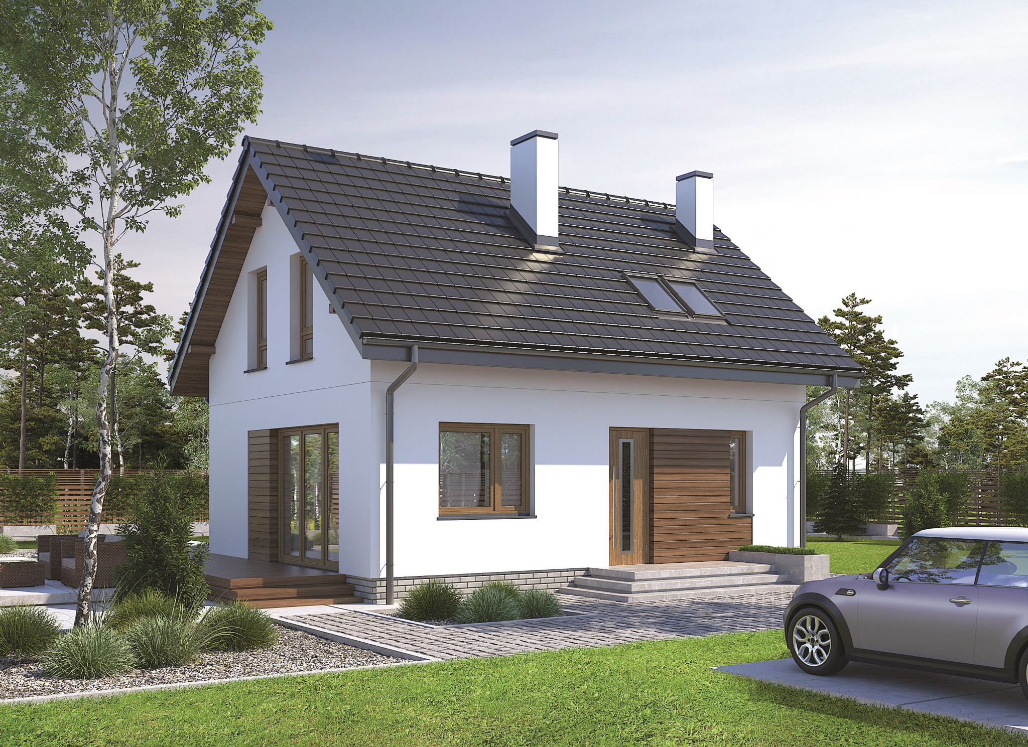 Wizualizacja domu jednorodzinnego z dwuspadowym dachem, białymi ścianami i drewnianymi elementami wykończeniowymi, otoczonego zielenią i z szarym Mini Cooperem zaparkowanym obok.