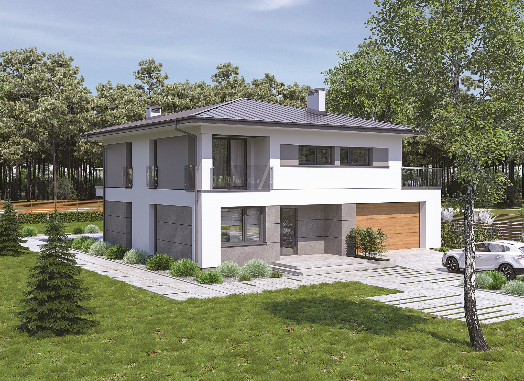 Wizualizacja nowoczesnego domu dwukondygnacyjnego z płaskim dachem, wykończonego białym tynkiem i szarym kamieniem, z garażem z drewnianą bramą i podjazdem z płyt betonowych z zielonymi fugami,...
