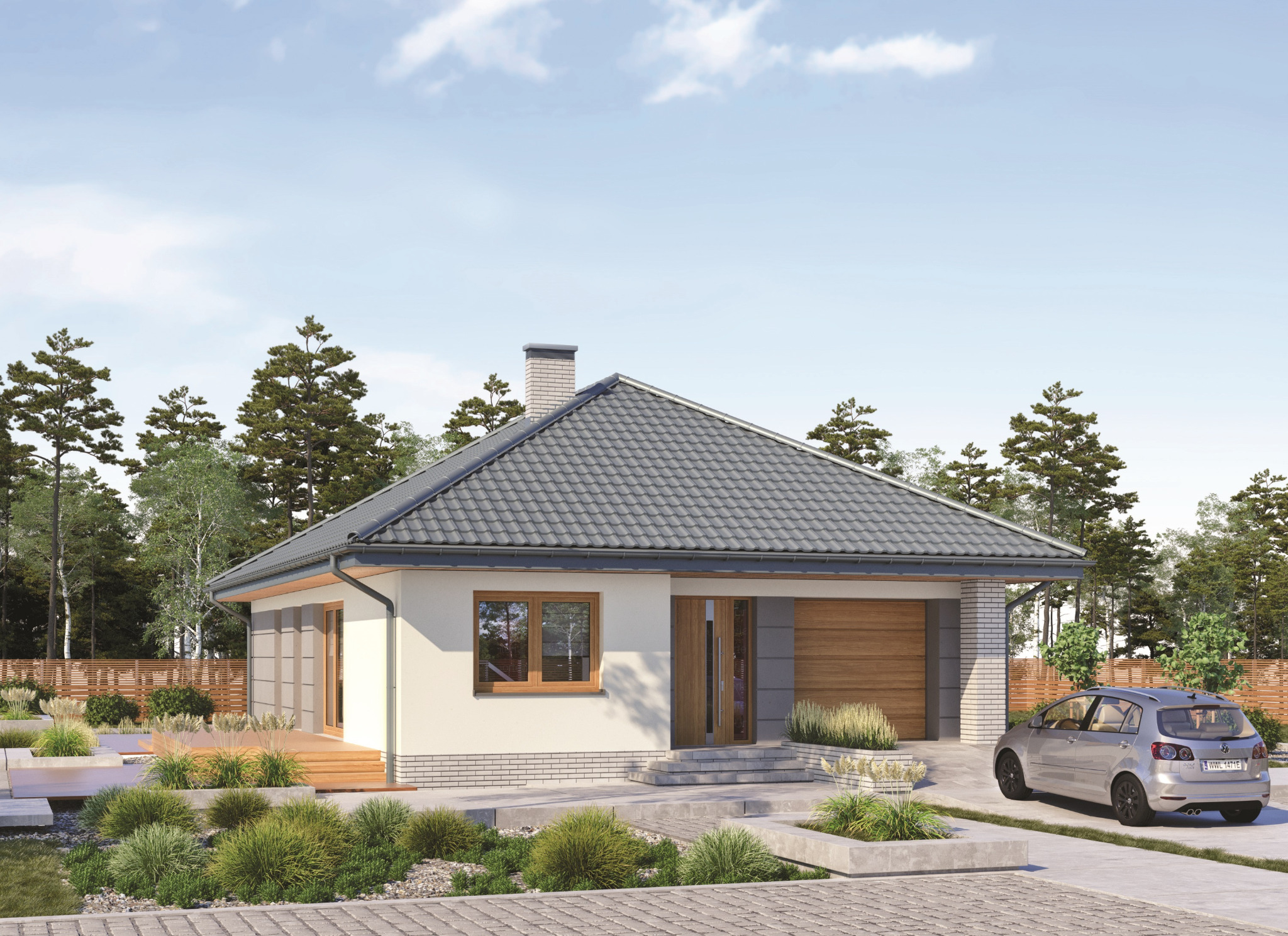 Wizualizacja parterowego domu jednorodzinnego z garażem, szarą dachówką i jasną elewacją, z samochodem osobowym zaparkowanym na podjeździe.