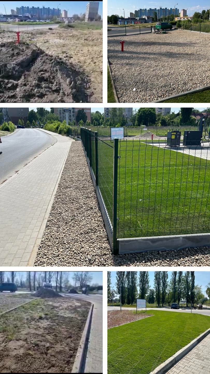 Widok na nowo założony trawnik z rolki, ogrodzony zieloną siatką, z wysypanym ozdobnym żwirem wzdłuż chodnika i ogrodzenia, na tle miejskiego krajobrazu.