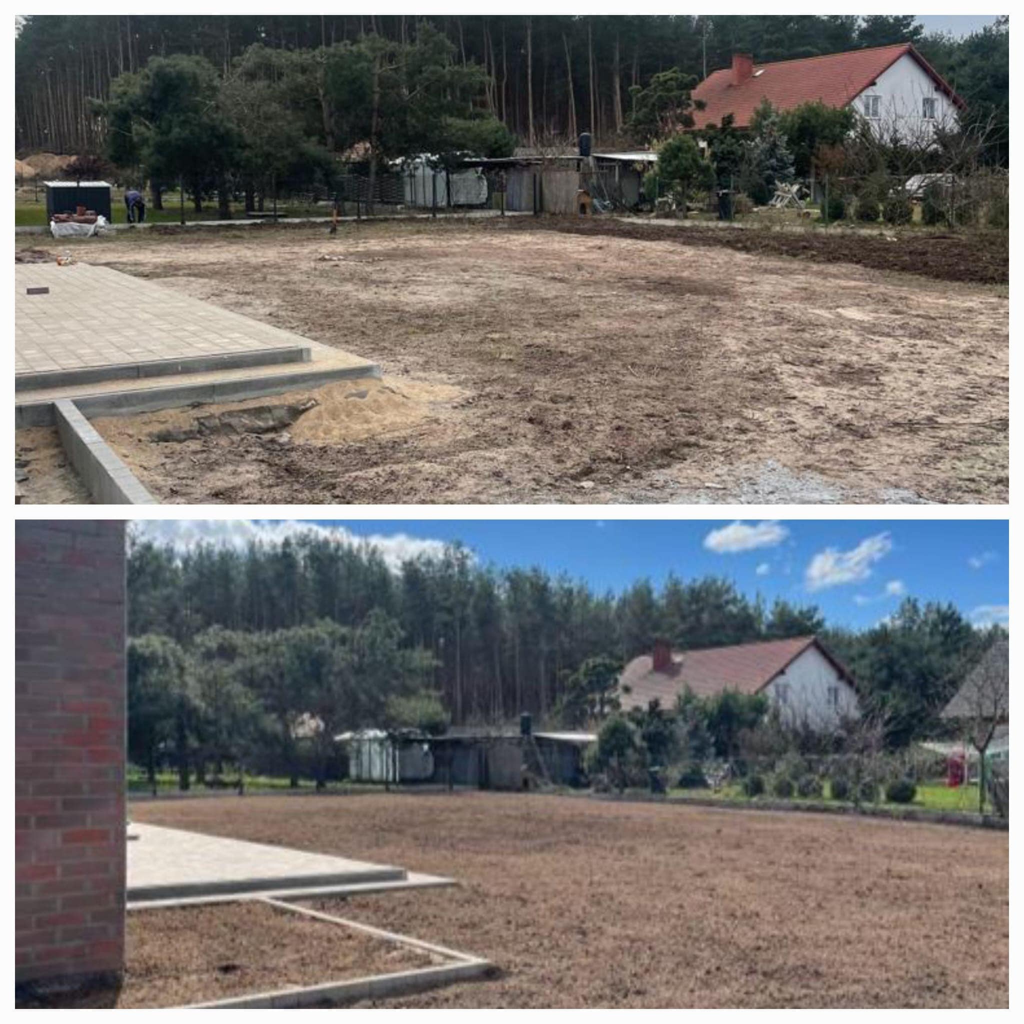 Dwa ujęcia terenu przed i po przygotowaniu pod trawnik z rolki; widoczne wyrównanie terenu, nawiezienie ziemi i ułożenie obrzeży z kostki brukowej.