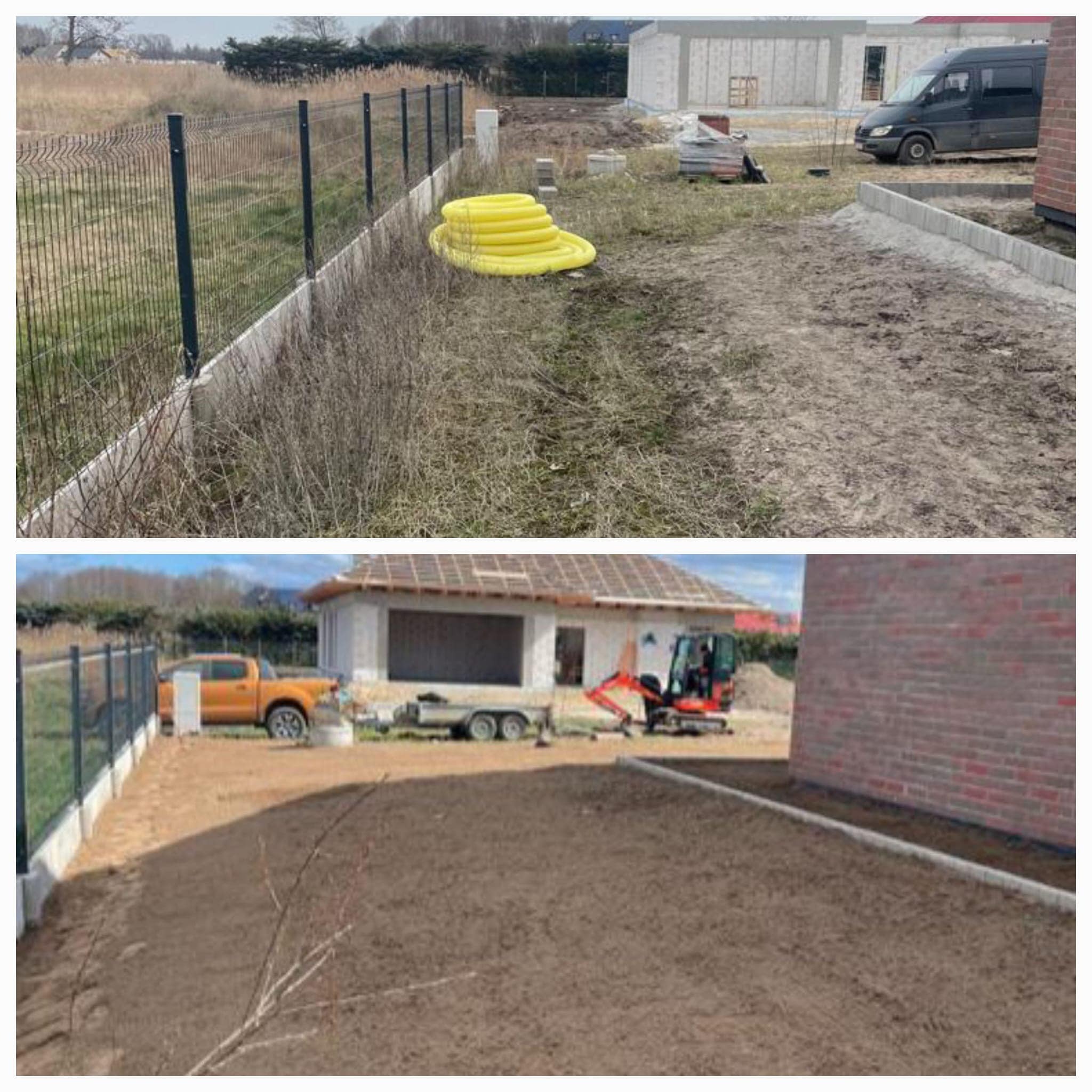 Dwa ujęcia tego samego terenu przed i po wyrównaniu ziemi pod trawnik, widoczna siatka ogrodzeniowa, żółte rury, mini koparka i samochód dostawczy.