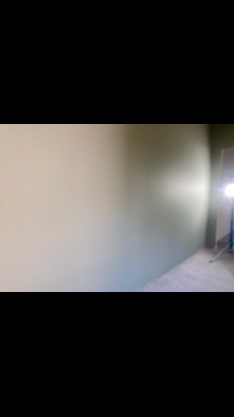 Świeżo pomalowana ściana w odcieniach zieleni, oświetlona lampą budowlaną, widoczna z bliskiej perspektywy.