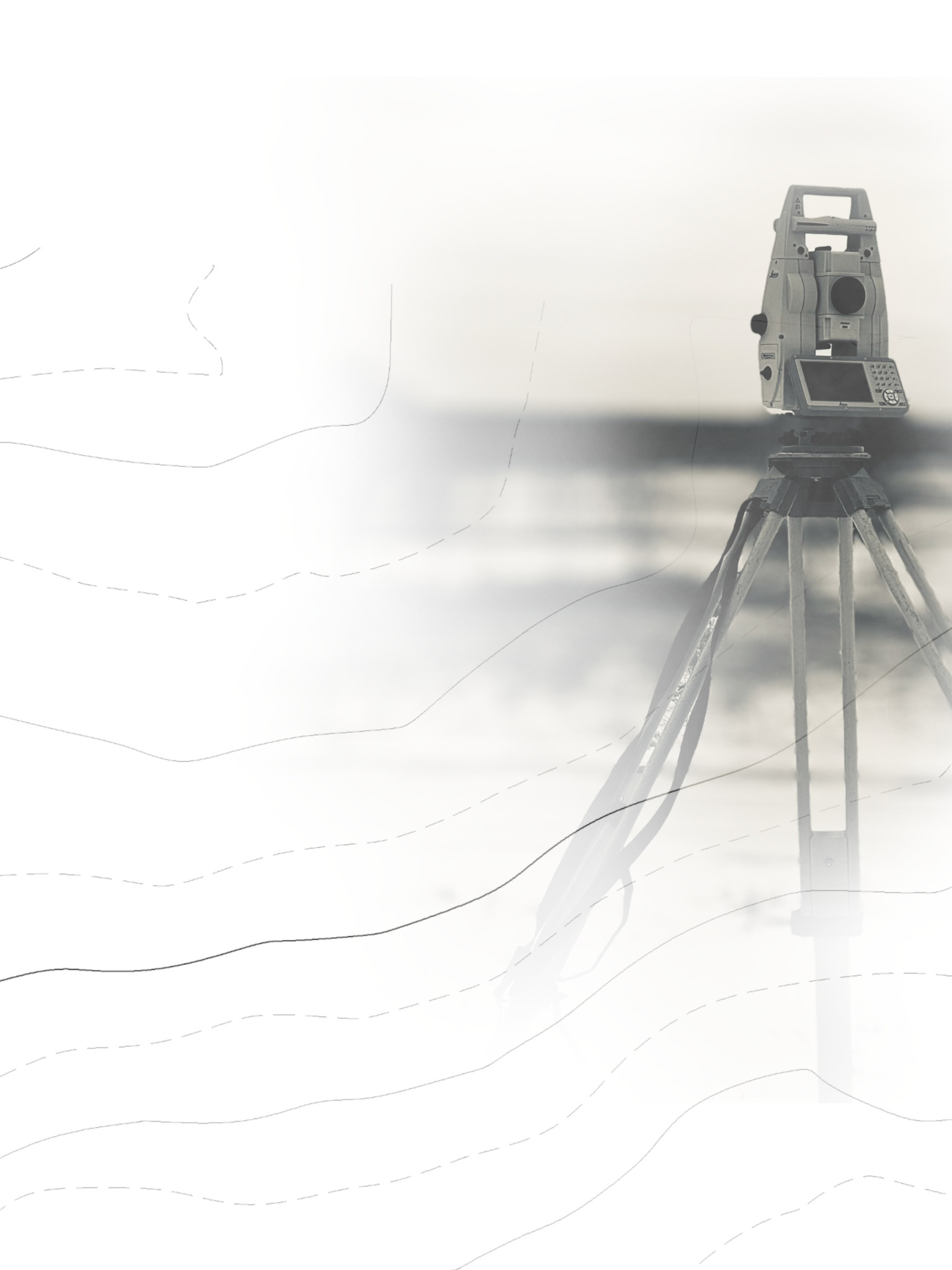 Teodolit na trójnogu, nałożony na mapę topograficzną, w odcieniach szarości.