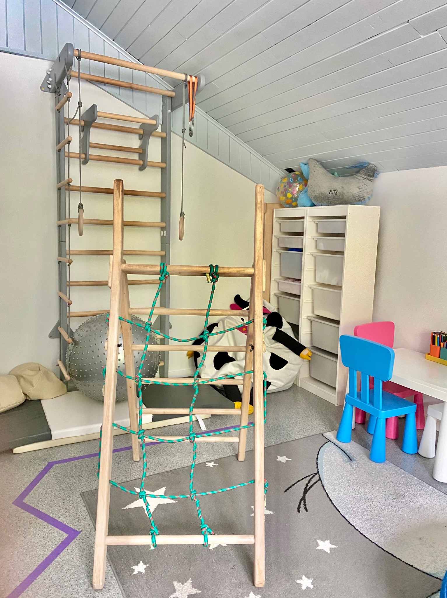 Pokój dziecięcy z drabinkami gimnastycznymi, materacem i zabawkami. Widoczne drewniane drabinki z siatką, drabinki metalowe na ścianie i meble do przechowywania.