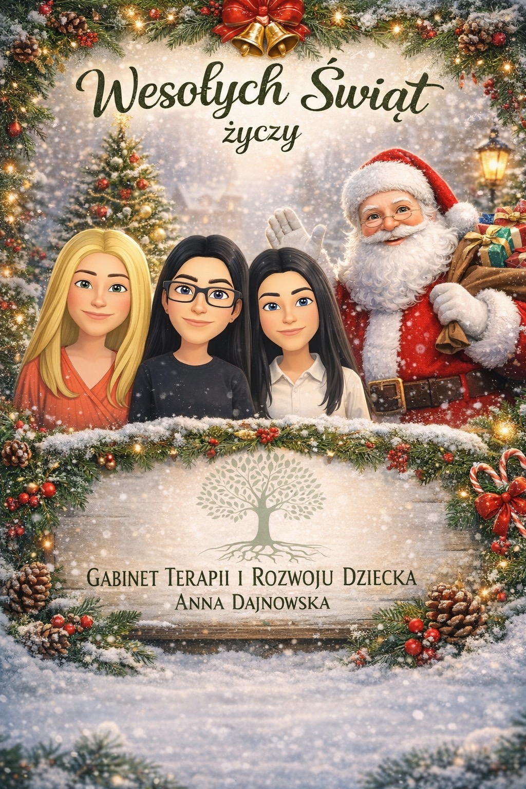 Świąteczna grafika z logo Gabinetu Terapii i Rozwoju Dziecka Anny Dajnowskiej w Krakowie, otoczona postaciami i dekoracjami świątecznymi. Życzenia Wesołych Świąt.