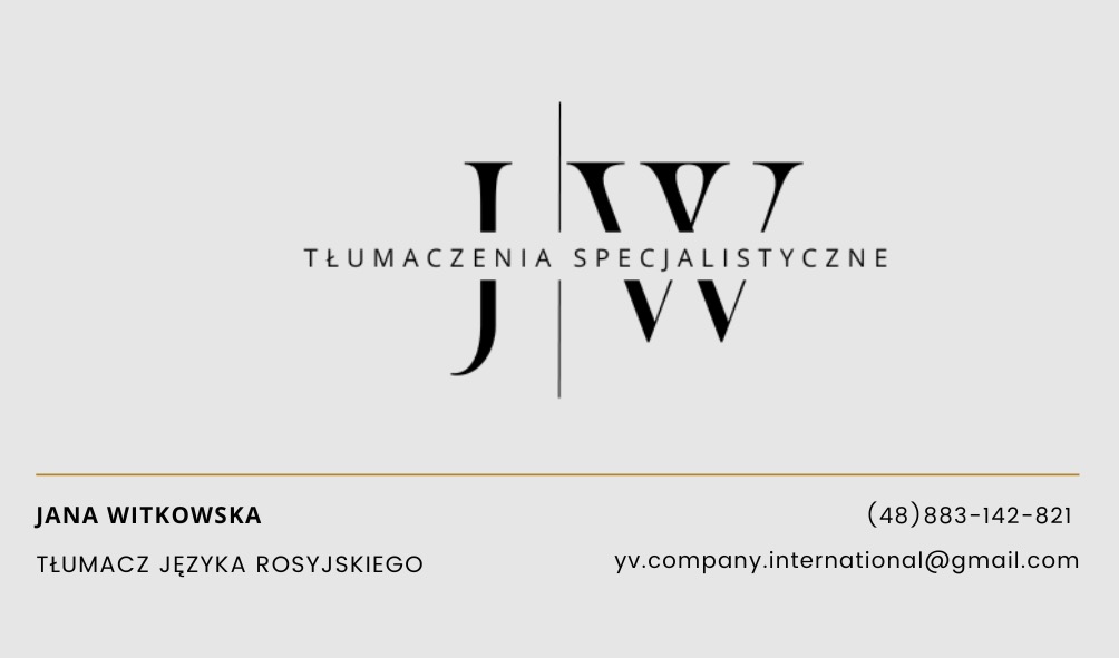 Wizytówka tłumaczki języka rosyjskiego, Jana Witkowska, z logo firmy, adresem e-mail i numerem telefonu.