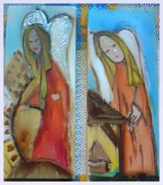 Dwa ręcznie malowane obrazy na płótnie przedstawiające anioły w odcieniach błękitu, pomarańczy i złota. Anioł po lewej stronie ma srebrne skrzydła i czerwoną szatę, a anioł po prawej ma białe...