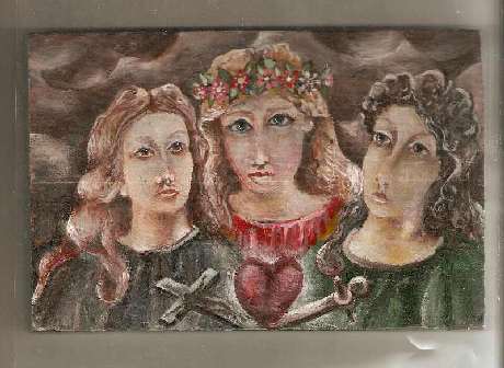 Ręcznie malowany obraz przedstawiający trzy postacie kobiece z sercem i krzyżem na tle chmur, w stylu naiwnym, z widoczną fakturą farby i patynowaniem.