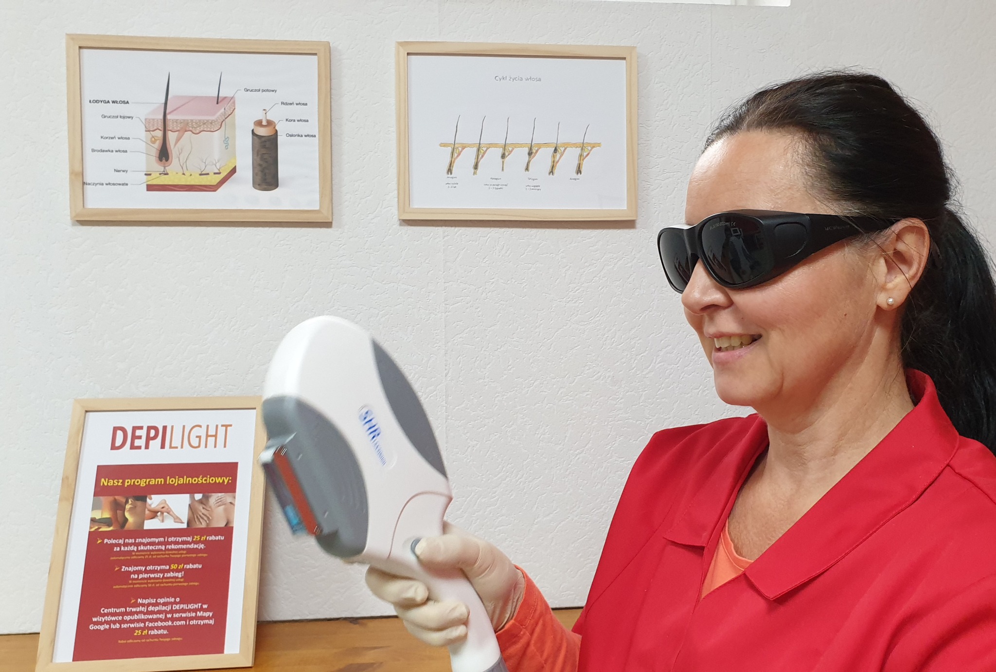 Kobieta w okularach ochronnych i rękawiczkach trzyma urządzenie do depilacji laserowej w gabinecie, w tle diagramy cyklu życia włosa i budowy włosa oraz ramka z programem lojalnościowym Depilight.