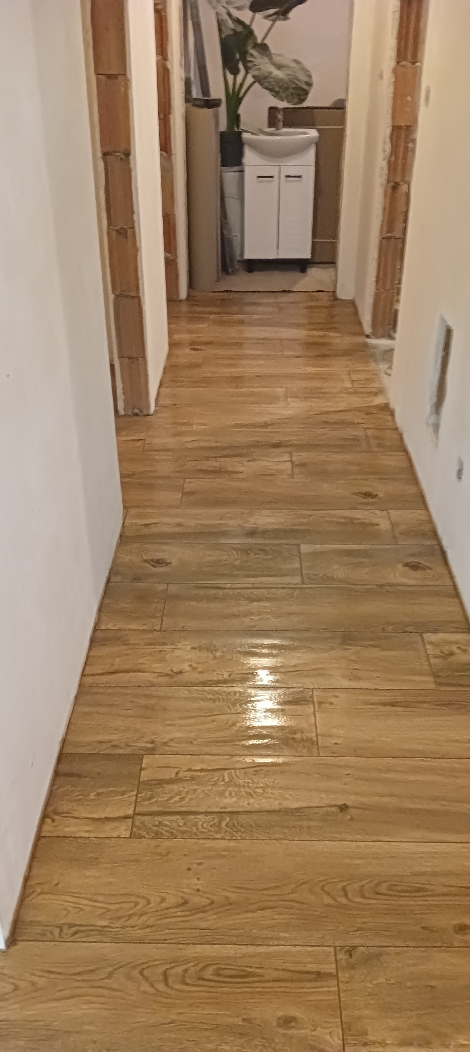 Ułożona podłoga z płytek imitujących drewno w korytarzu, widoczne fragmenty ścian w trakcie wykańczania, w tle umywalka z szafką i doniczka z rośliną.
