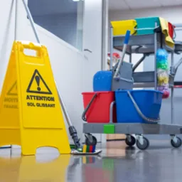 Żółty znak ostrzegawczy 'Uwaga śliska podłoga' z mopem obok, w tle wózek z wiadrami i akcesoriami do sprzątania na błyszczącej podłodze w biurze.