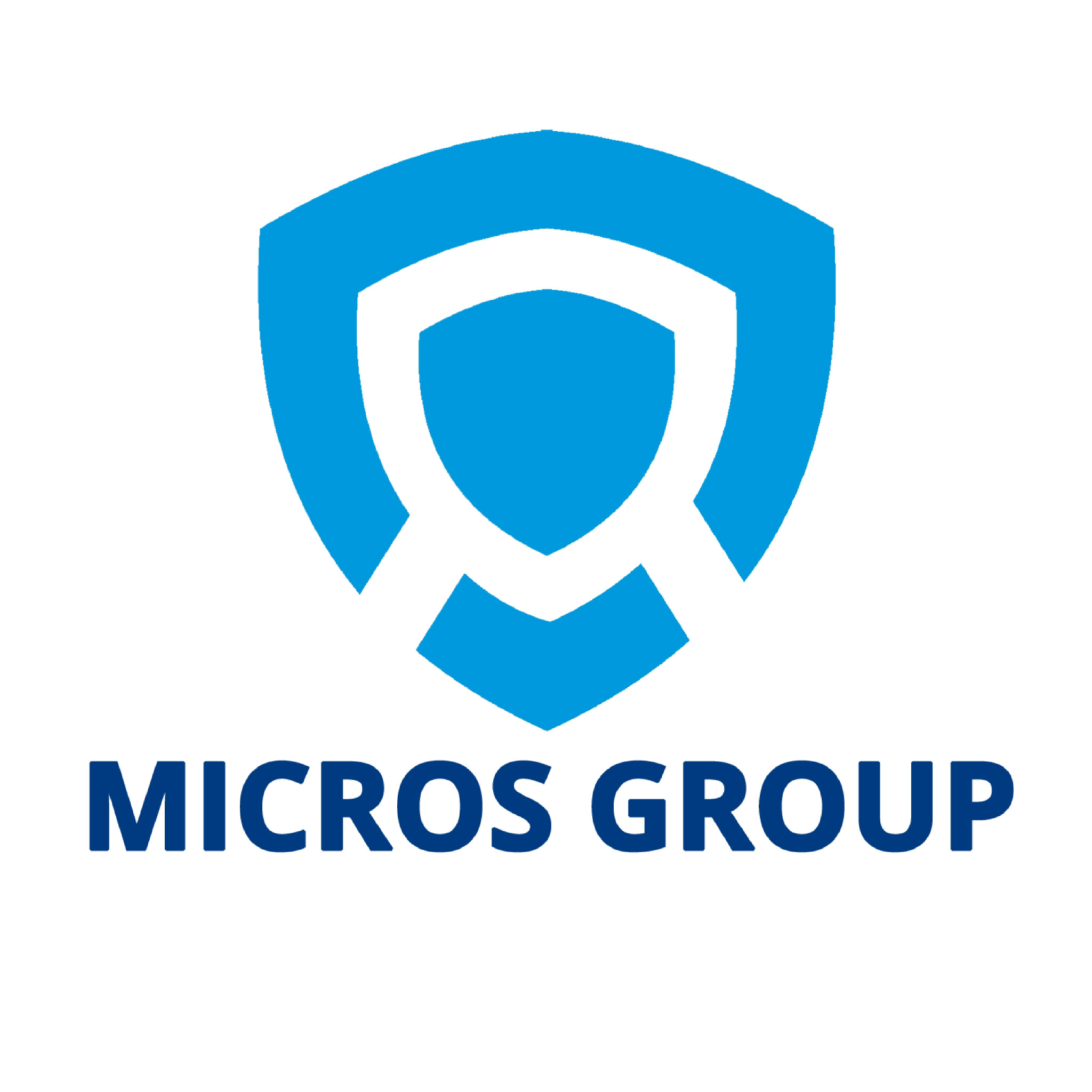Niebieskie logo Micros Group przedstawiające stylizowaną tarczę w tarczy na białym tle.