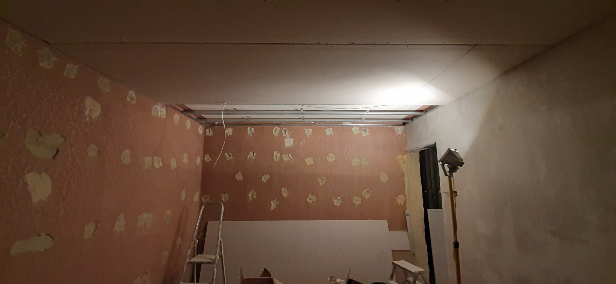 Pokój w trakcie prac przygotowawczych do montażu sufitu podwieszanego z płyt kartonowo-gipsowych, widoczne profile sufitowe, ściany z pozostałościami tapety i miejscami wypełnionymi gipsem, drabina...