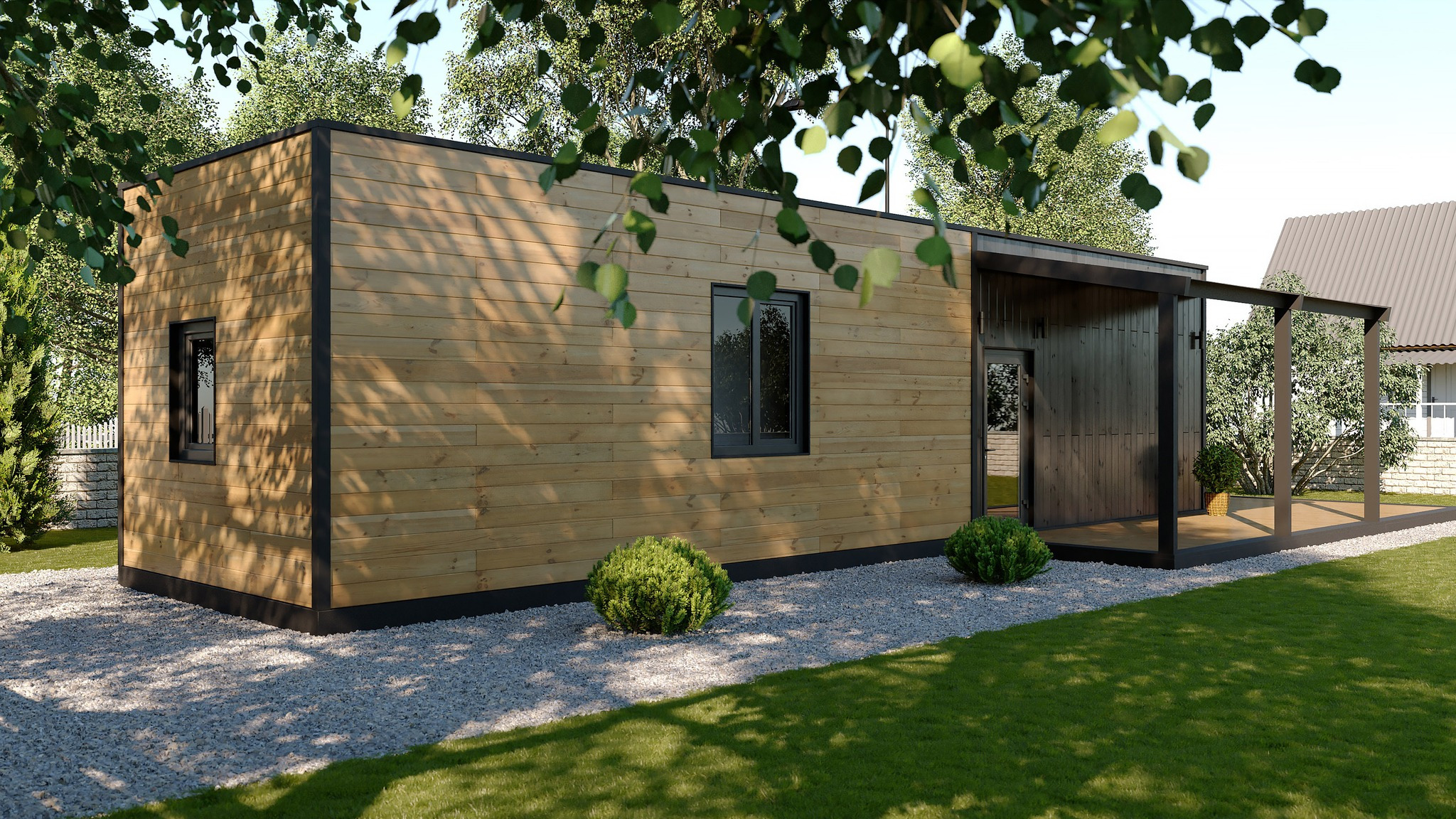 Nowoczesny, parterowy budynek z drewnianą elewacją, ciemnymi ramami okiennymi i zadaszonym tarasem, otoczony zielenią i kamiennym podłożem.