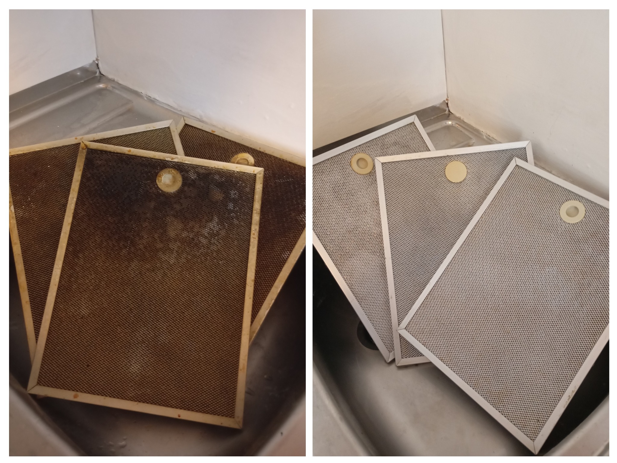 Porównanie filtrów okapu kuchennego przed i po czyszczeniu, widoczne osady tłuszczu i brudu usunięte z metalowej siatki w zlewie.