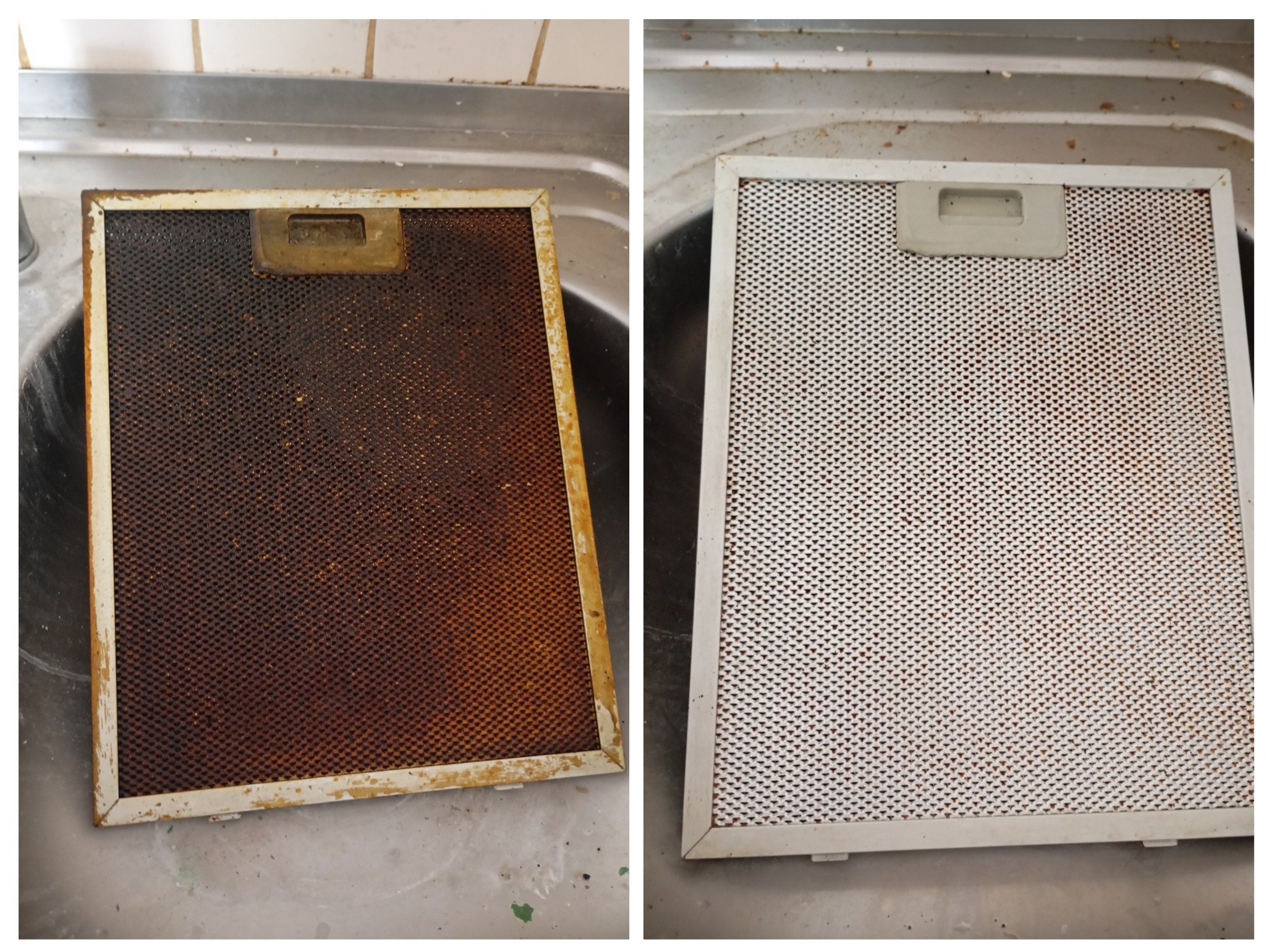 Porównanie: mocno zabrudzony filtr okapu kuchennego po lewej stronie i ten sam filtr wyczyszczony po prawej stronie, oba umieszczone w zlewie.
