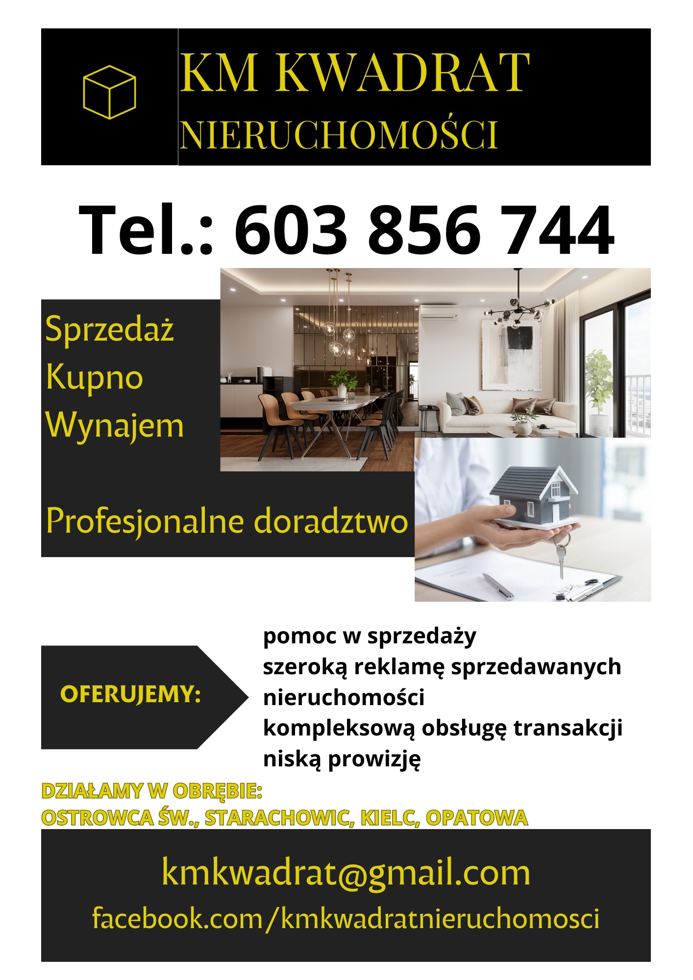 Ulotka agencji nieruchomości KM Kwadrat z wizualizacją wnętrza, numerem telefonu i ofertą sprzedaży, kupna i wynajmu, z dłonią trzymającą model domu i klucze.