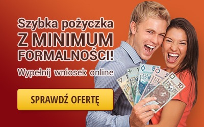 Uśmiechnięta para trzymająca wachlarz banknotów polskich złotych, z tekstem 'Szybka pożyczka Z MINIMUM FORMALNOŚCI! Wypełnij wniosek online. Sprawdź ofertę' na pomarańczowym tle.