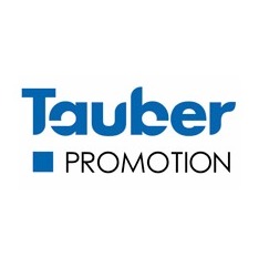 Niebieskie logo firmy Tauber Promotion z kwadratem, na białym tle, prezentujące nazwę i branżę działalności.