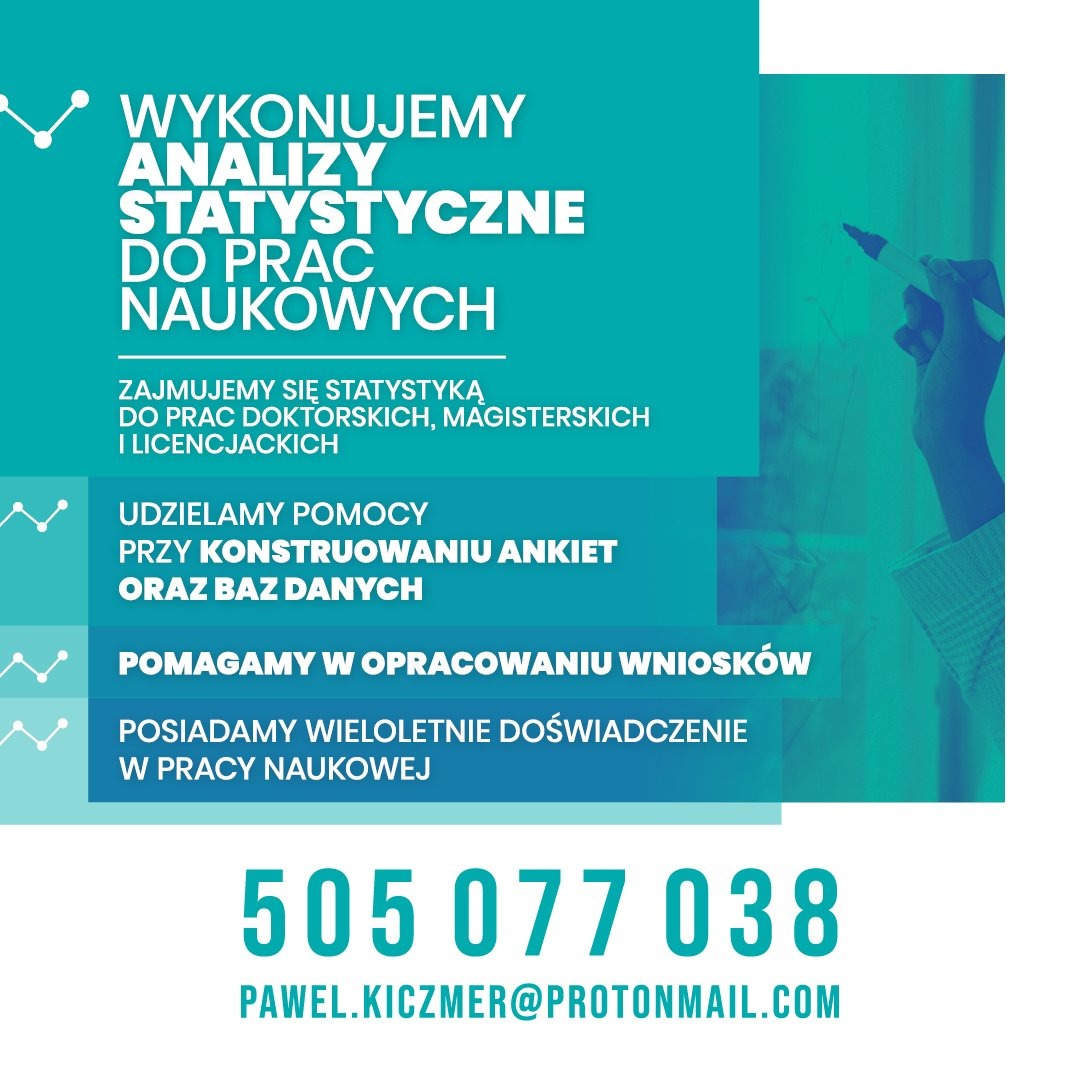 Grafika reklamowa usług analiz statystycznych do prac naukowych, obejmująca analizy do prac doktorskich, magisterskich i licencjackich, pomoc w konstruowaniu ankiet i baz danych, opracowywanie...