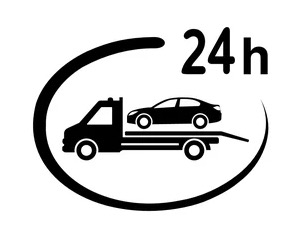 Czarny piktogram lawety z samochodem na platformie, otoczonej półokręgiem z napisem 24h, symbolizujący całodobową dostępność usług.