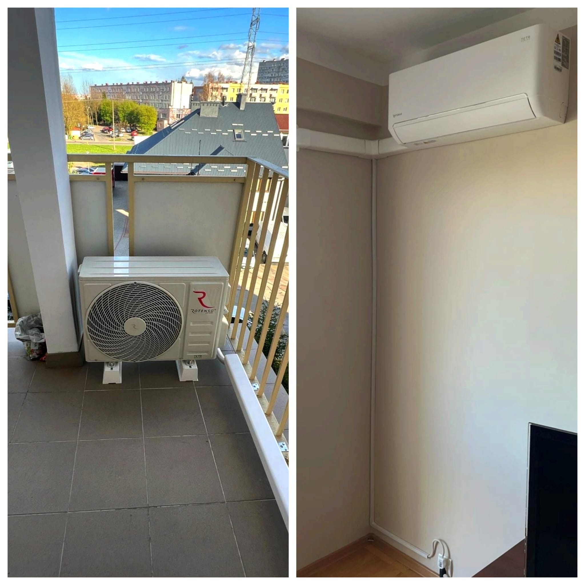 Dwa ujęcia: klimatyzator Rotenso zamontowany na balkonie w Jasionce, z widokiem na miasto, oraz jednostka wewnętrzna na ścianie w jasnym pomieszczeniu.