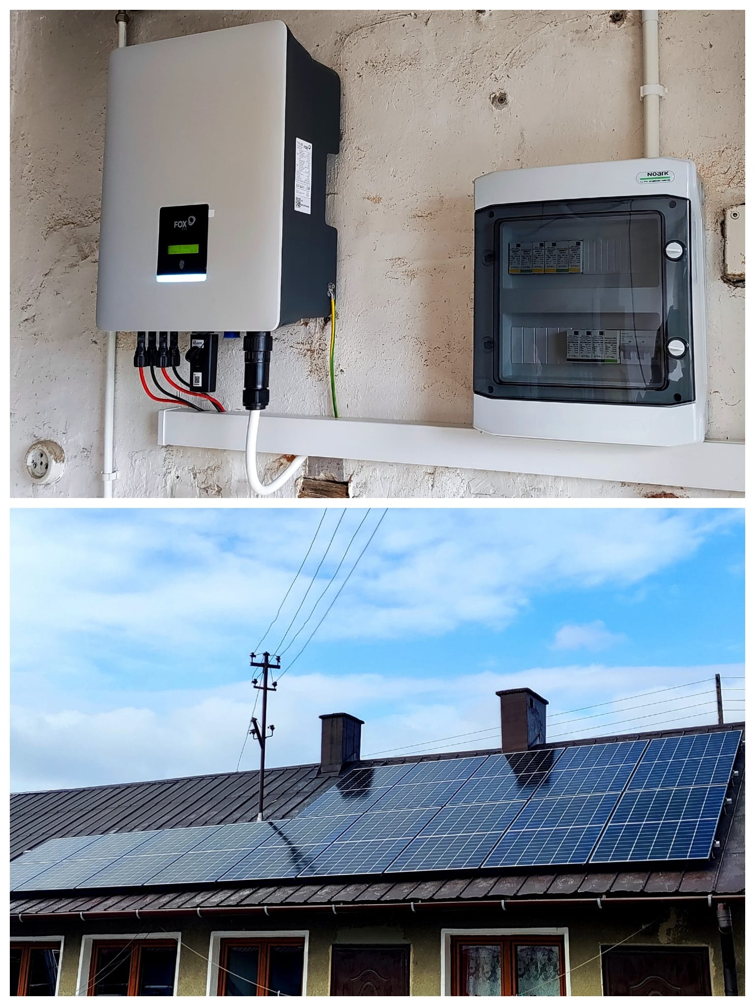 Szary inwerter FOX ESS z podłączonymi kablami, obok biała skrzynka z bezpiecznikami NOARK, na dole panele słoneczne na dachu domu z brązową dachówką i oknami, widok na niebieskie niebo z chmurami.
