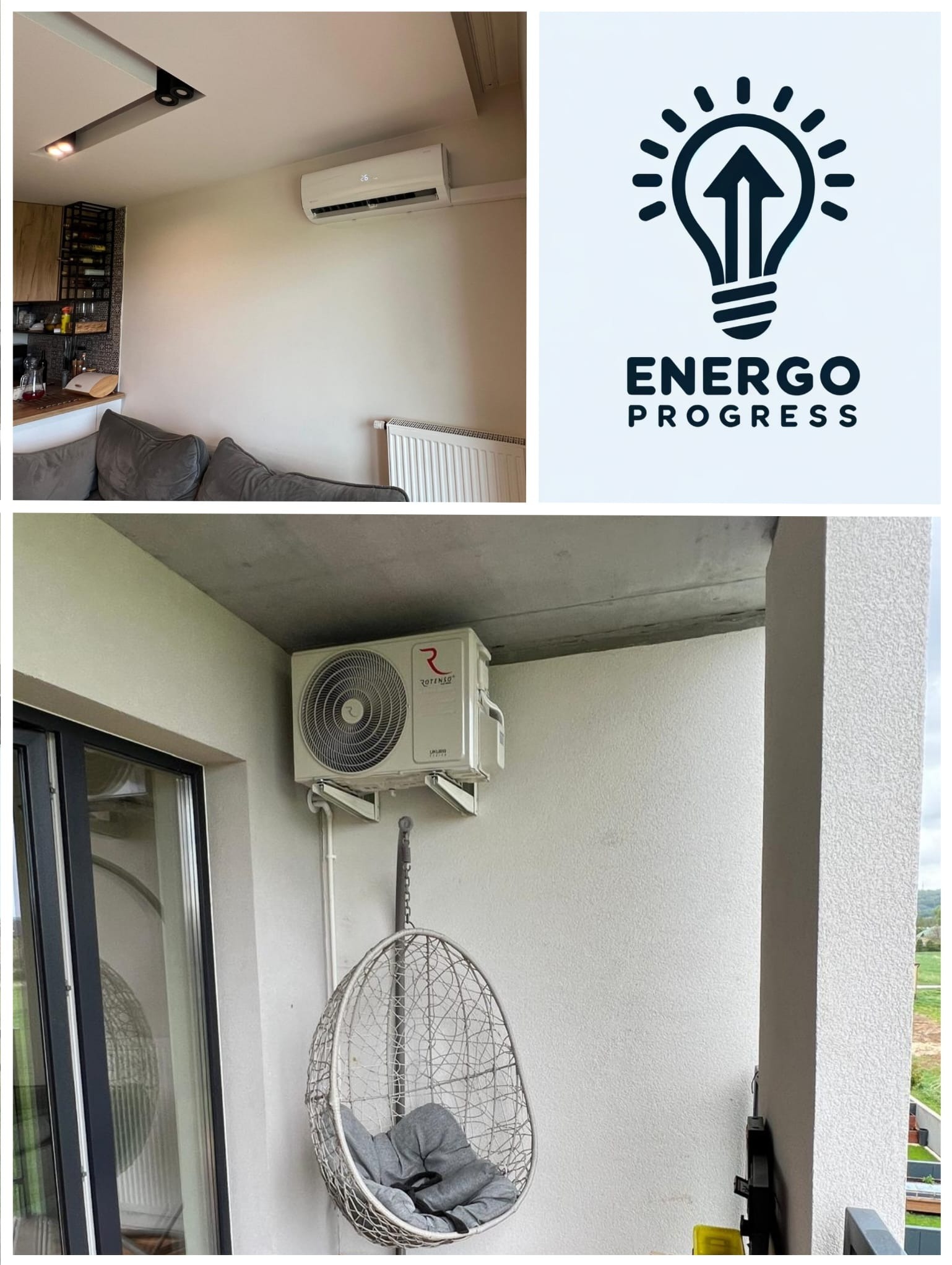 Kolaż: Wnętrze z zamontowaną klimatyzacją Rotenso, zewnętrzna jednostka klimatyzacji na balkonie oraz logo firmy Energo Progress z żarówką i strzałką.