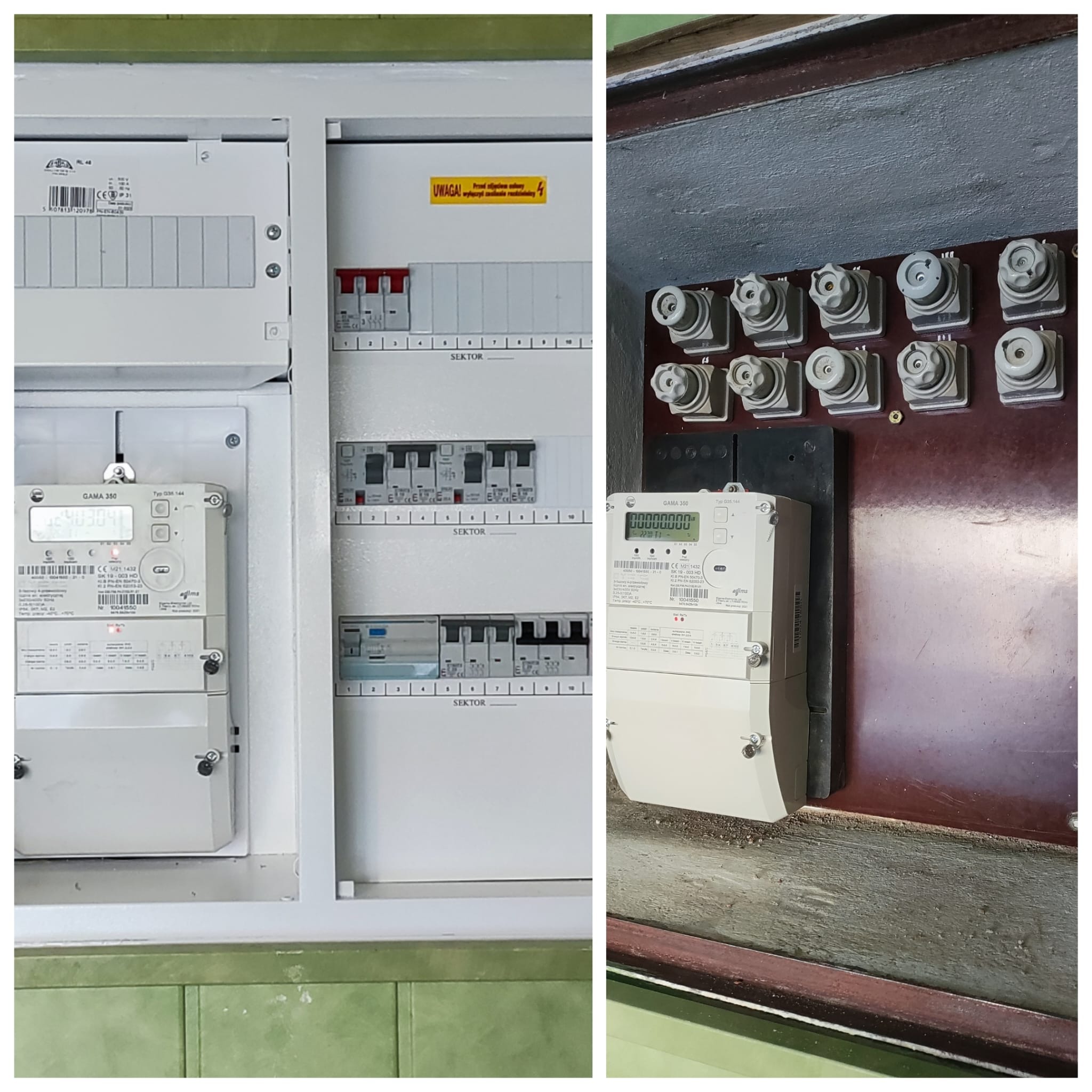Dwa ujęcia: nowoczesna skrzynka elektryczna z licznikiem po lewej i starsza skrzynka z bezpiecznikami topikowymi i licznikiem po prawej, ukazujące modernizację instalacji elektrycznej.