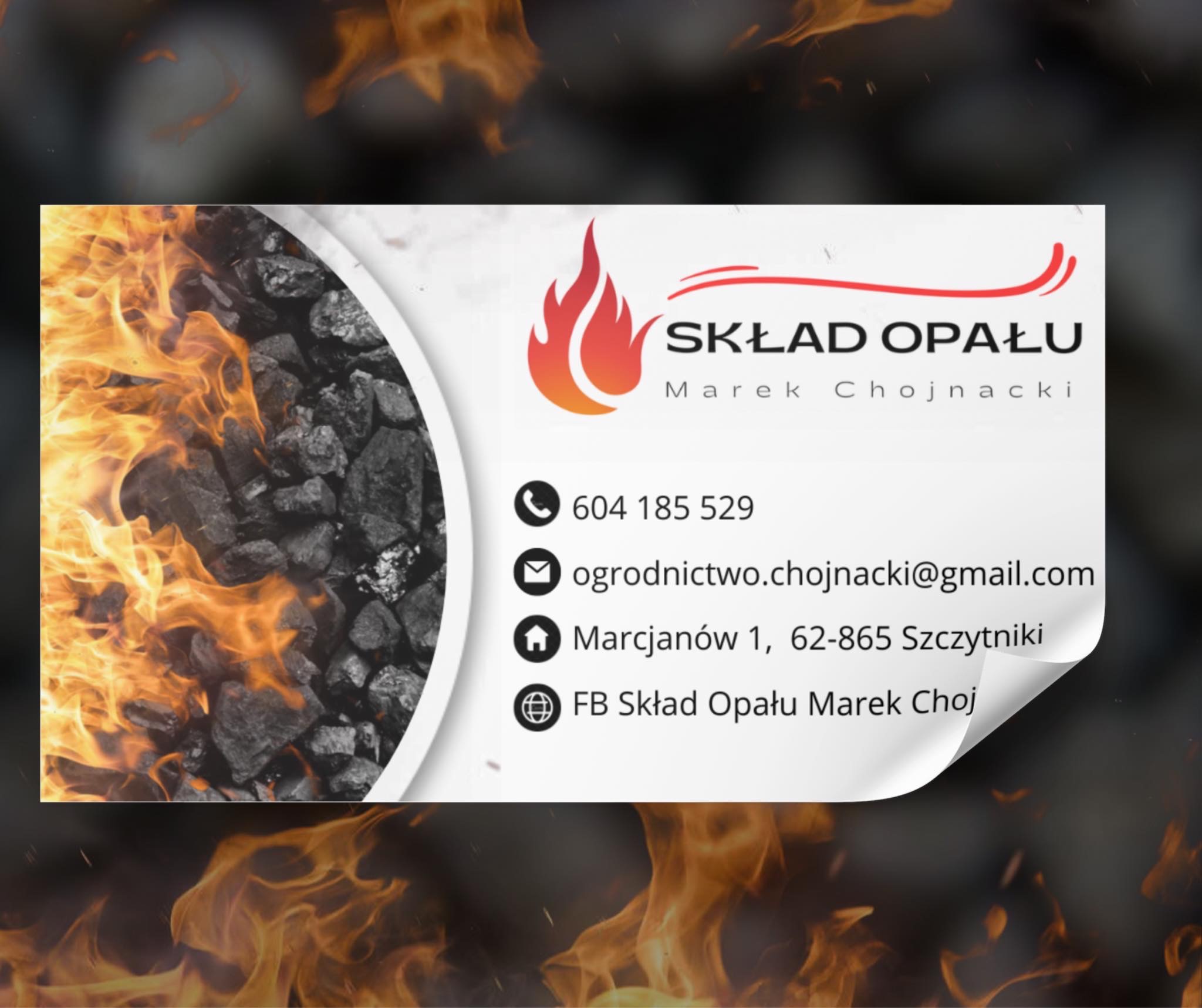 Wizytówka składu opału z płomieniami w tle, prezentująca logo, dane kontaktowe i adres firmy.