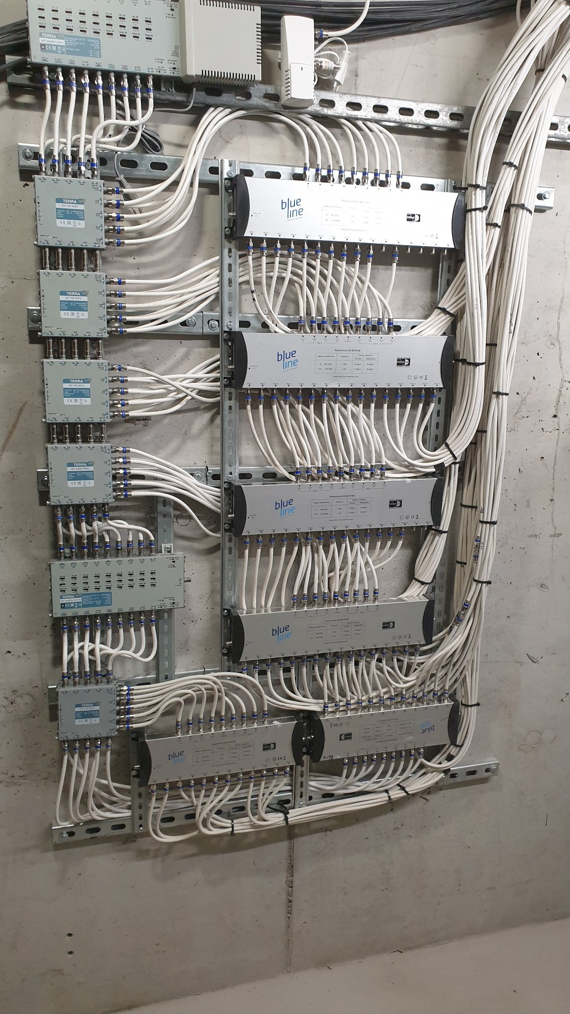 Rozbudowana instalacja antenowa z licznymi rozgałęźnikami i kablami koncentrycznymi, zamontowana na szynach montażowych na surowej betonowej ścianie. Widoczne urządzenia marki Terra i Blue Line.