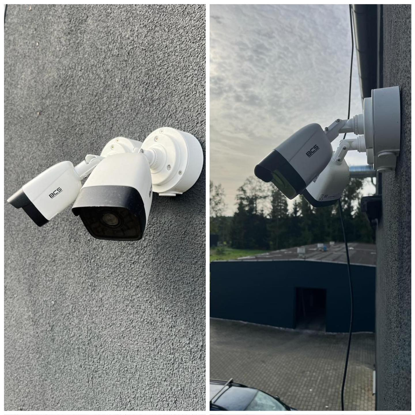 Dwie kamery monitoringu BCS zamontowane na szarej elewacji budynku, widok z dwóch różnych perspektyw, z widocznym okablowaniem i fragmentem dachu w tle.