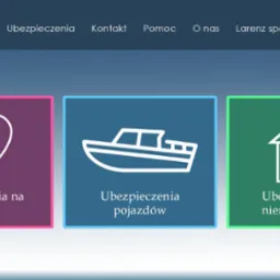 Interfejs strony internetowej firmy ubezpieczeniowej z ikonami serca, łodzi i domu, reprezentującymi ubezpieczenia na życie, pojazdów i nieruchomości.