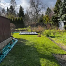 Fragment ogrodu z ułożoną trawą z rolki, obrzeża trawnikowe, widoczne drzewa i krzewy w tle, pochmurne niebo. Układanie trawy z rolki w słoneczny dzień.