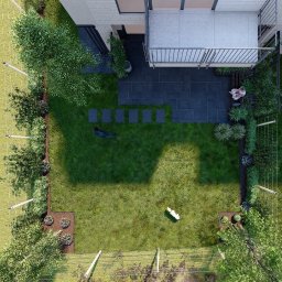 centrumkotula - Widok z góry na nowoczesny ogród z trawnikiem, ścieżką z płyt, roślinami ozdobnymi, ogrodzeniem panelowym i osobami relaksującymi się na ławce.